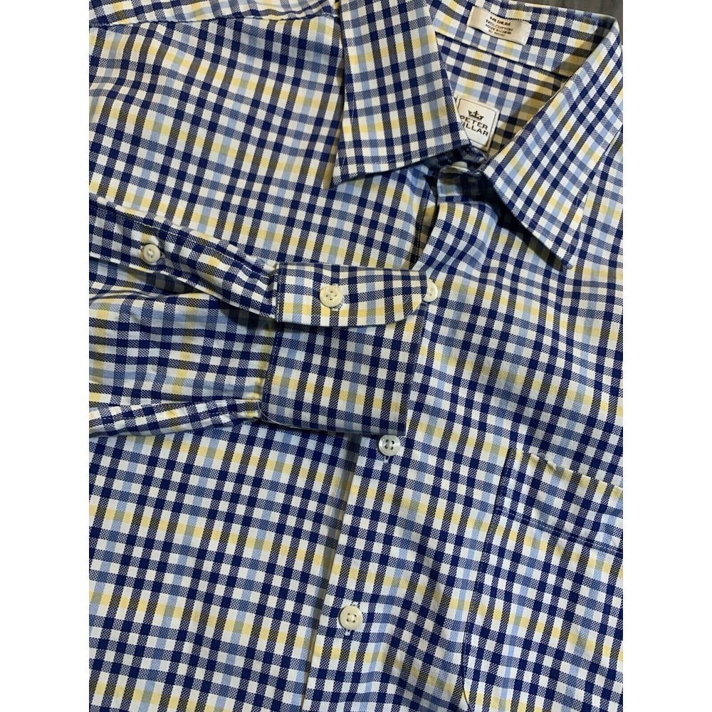 Mens M Peter Millar Blue Yellow Plaid Button Down Spring Golf Long Sleeve Cotton